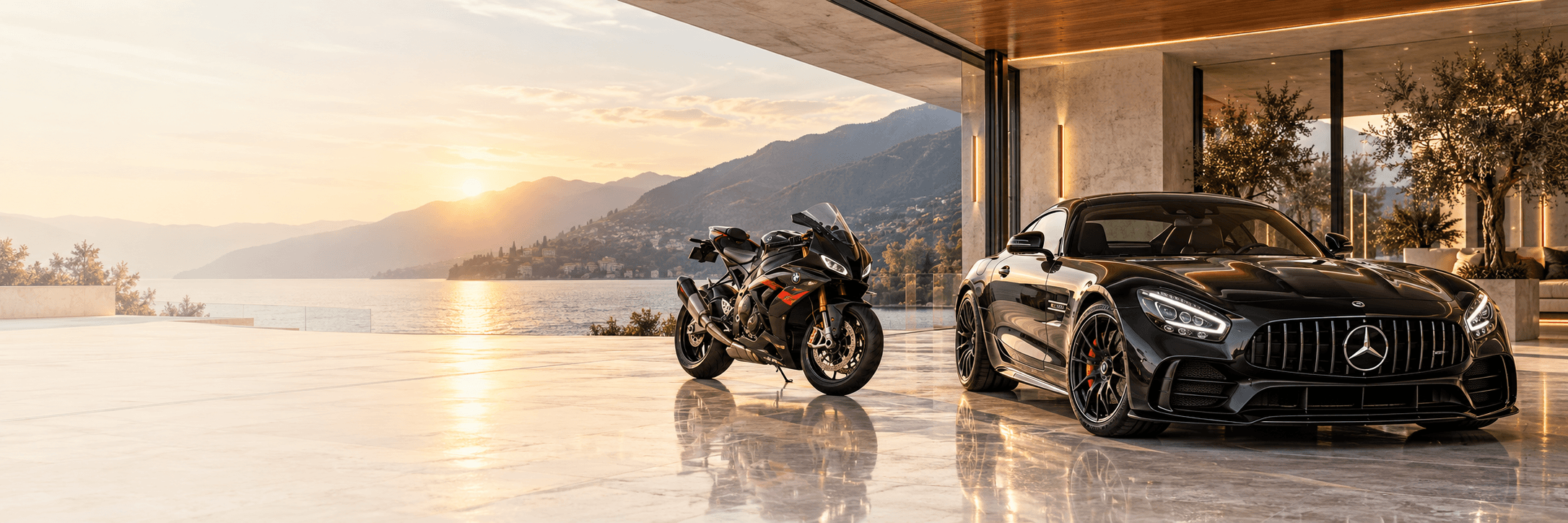 Sportinis automobilis ir motociklas moderniame garaže prie ežero